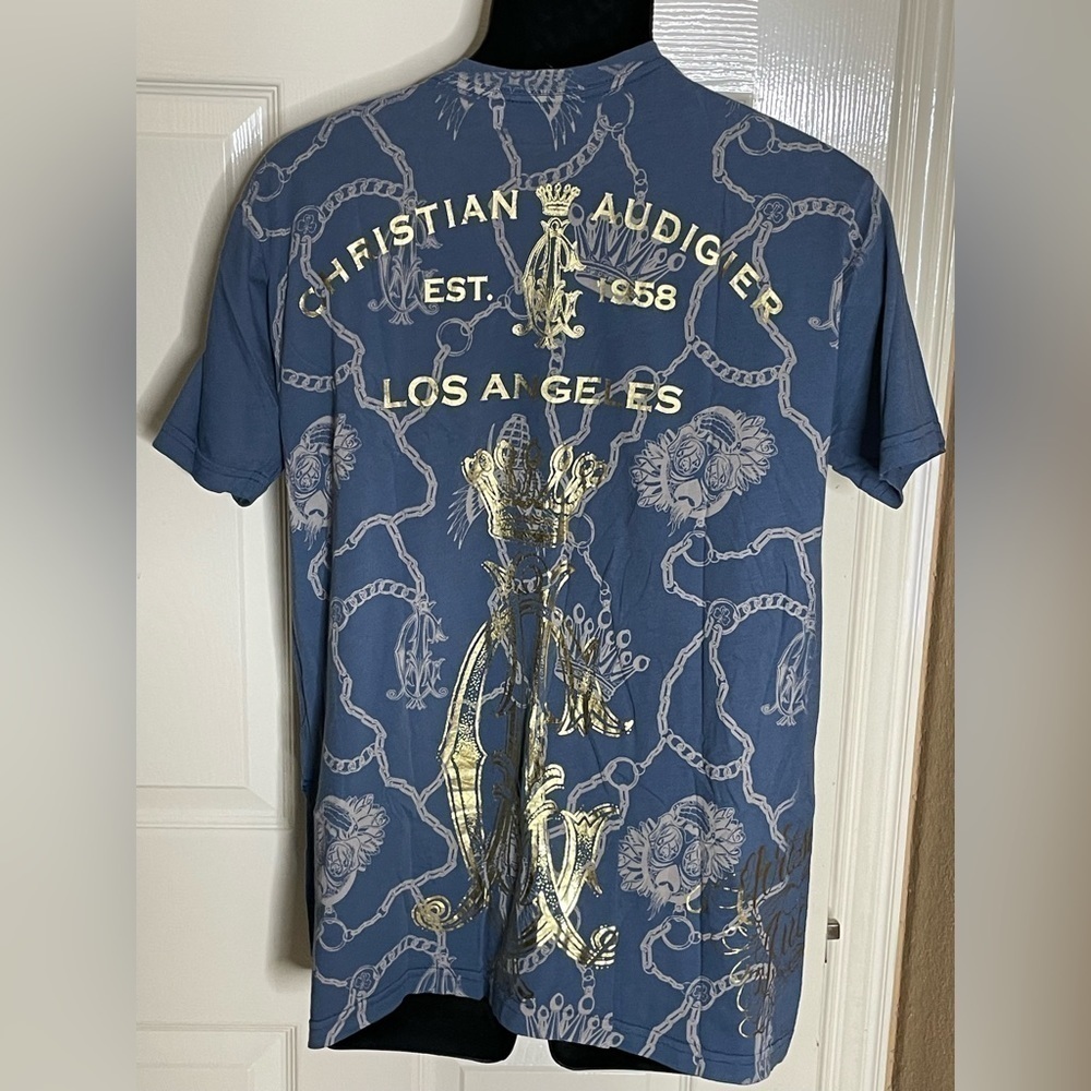 Christian Audigier Shirt Mens Medium Blue Skull Wings Rhinestone All Over Print - Picture 3 of 10